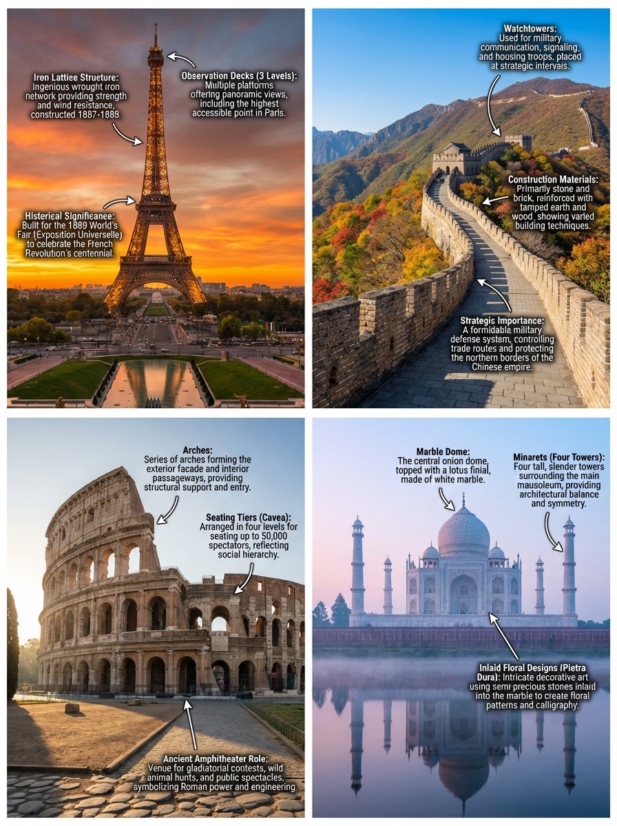 Annotated landmark images of Eiffel Tower, Great Wall, Colosseum, Taj Mahal AI image template preview