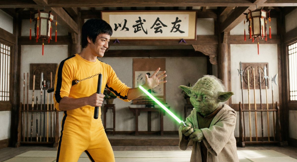 Bruce Lee sparring with Yoda in a dojo AI image template preview