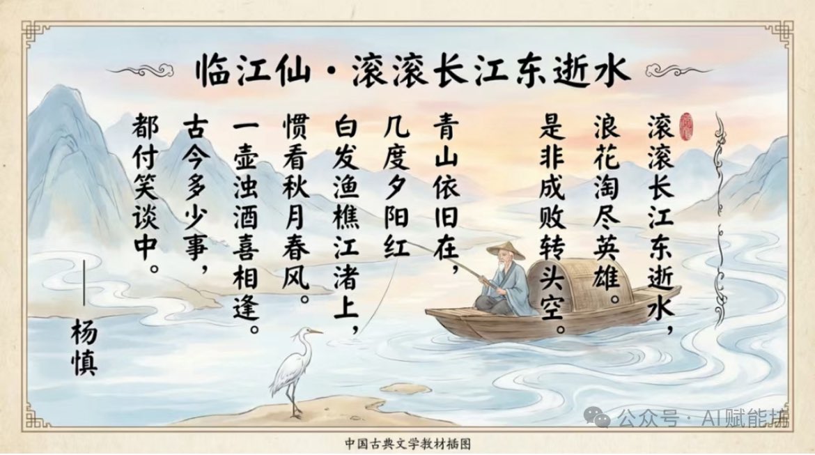 Textbook-style illustration for the poem “Linjiangxian” AI image template preview