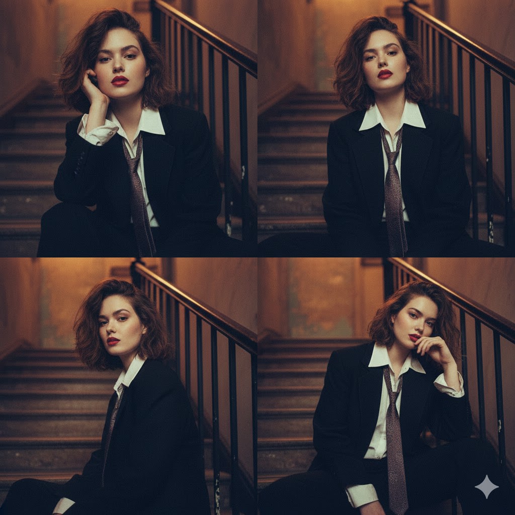 Moody 2x2 editorial collage of an androgynous woman AI image template preview