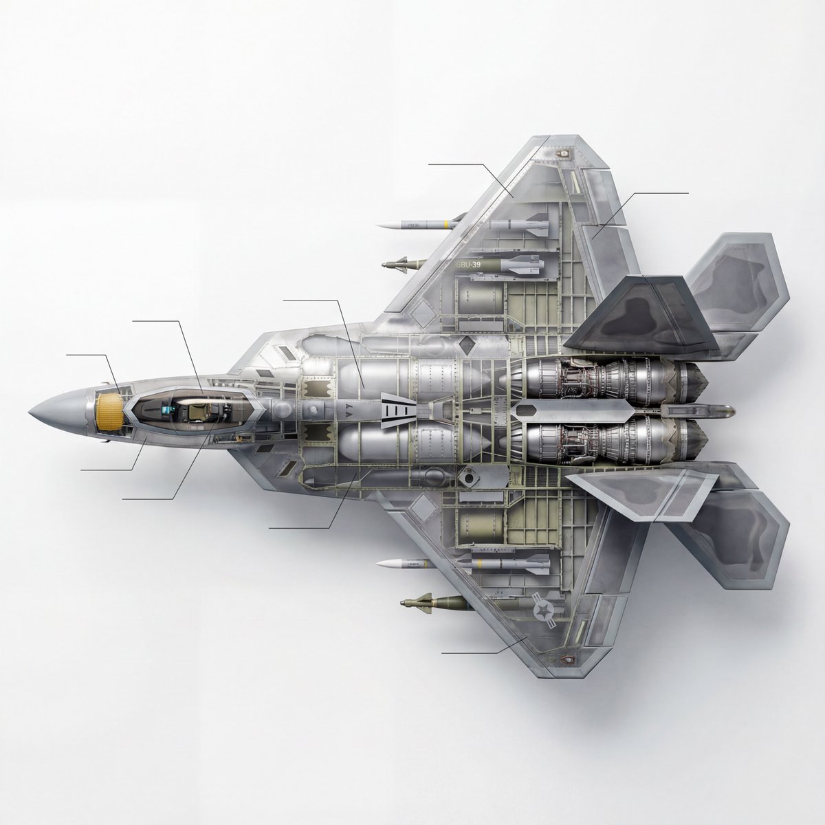 Cutaway infographic of a 5th generation stealth fighter jet AI image template preview