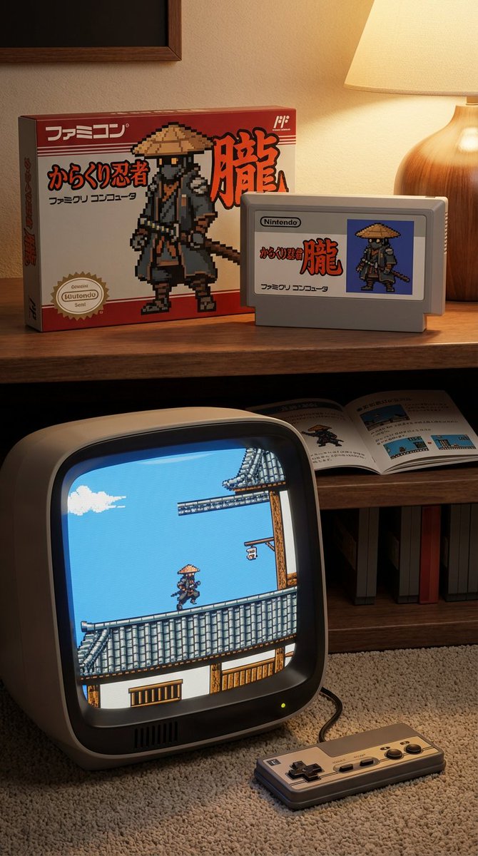 Famicom game box, cartridge, manual, and CRT screen (Japanese) AI image template preview