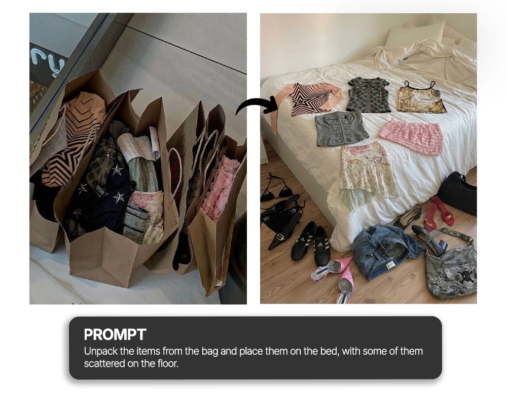 Unpack items from bag onto bed haul shot AI image template preview