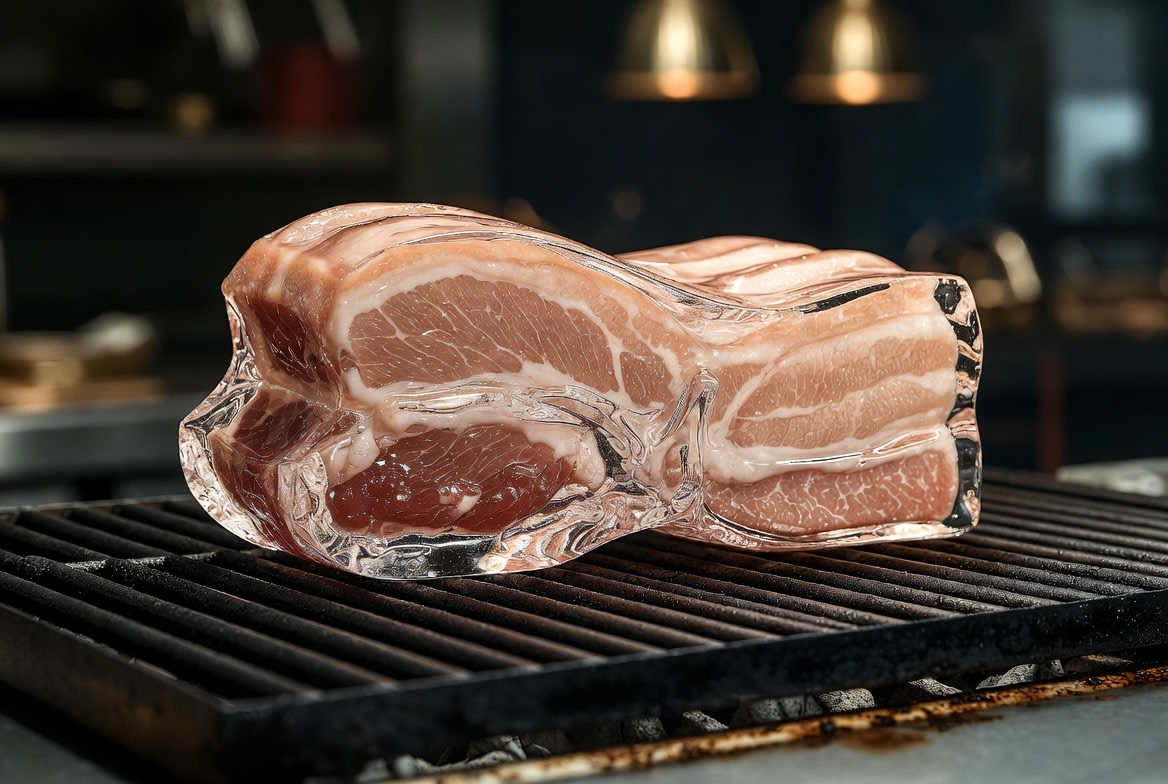 Hyperrealistic glass pork belly on a grill AI image template preview