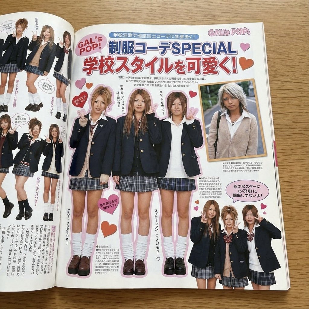 Japanese gyaru magazine spread on school uniforms AI image template preview