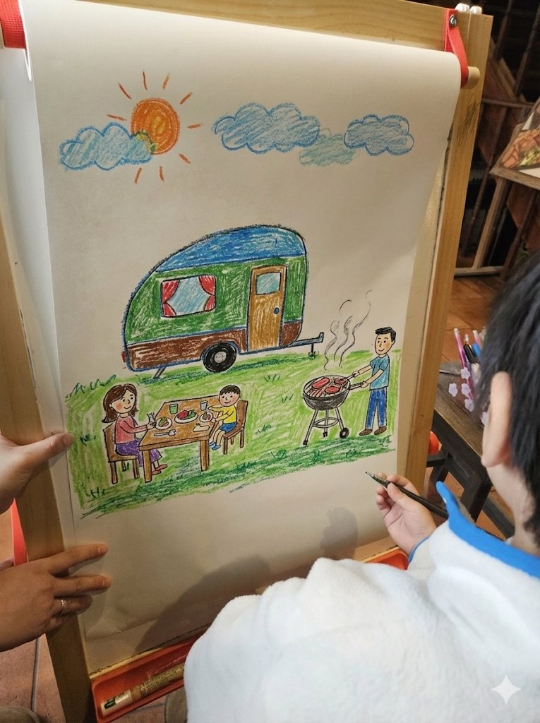 Childlike crayon-style family camping drawing AI image template preview