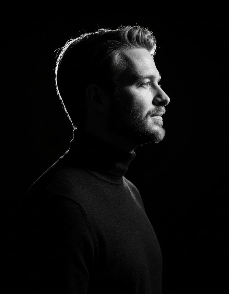 High-contrast rim-lit black and white conceptual side-profile portrait AI image template preview