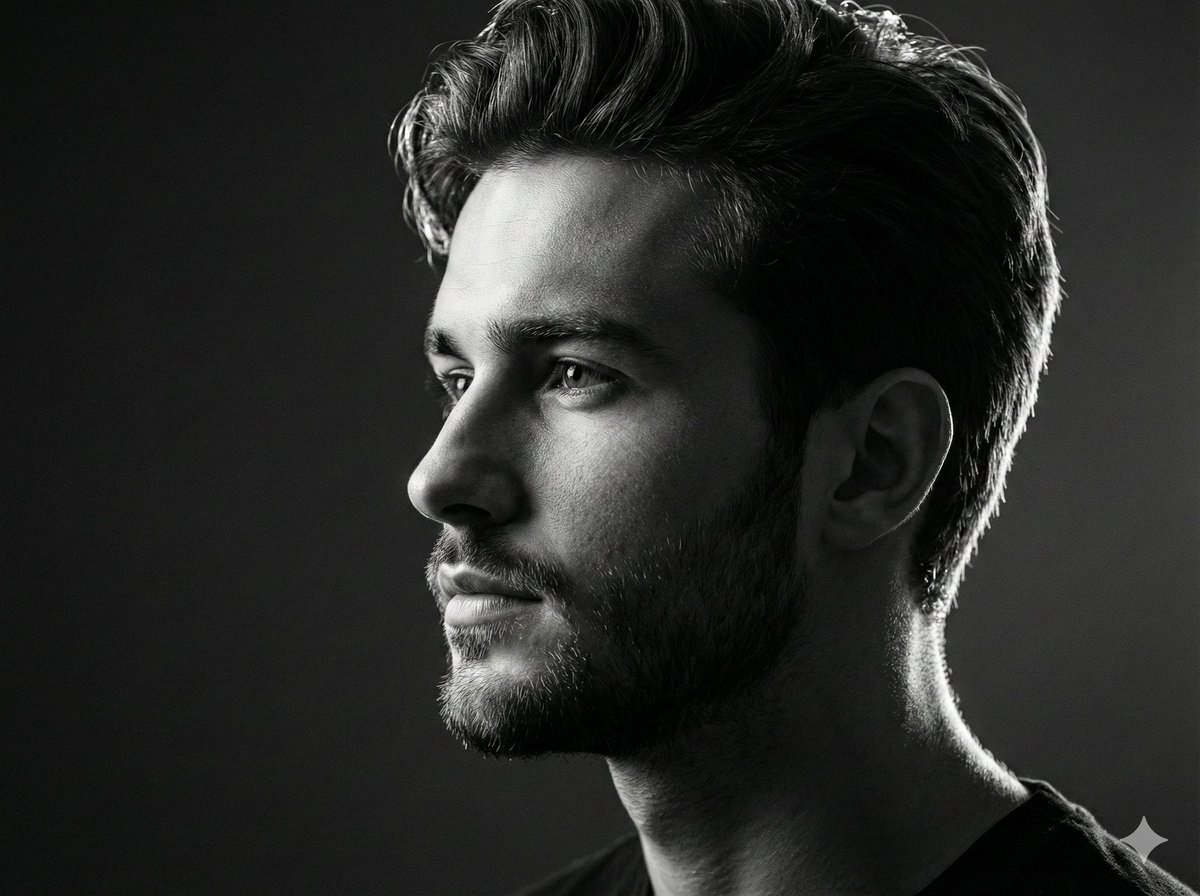 Black and white studio side-profile portrait prompt AI image template preview