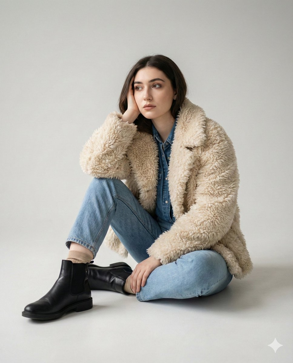 Editorial denim portrait preserving face identity AI image template preview