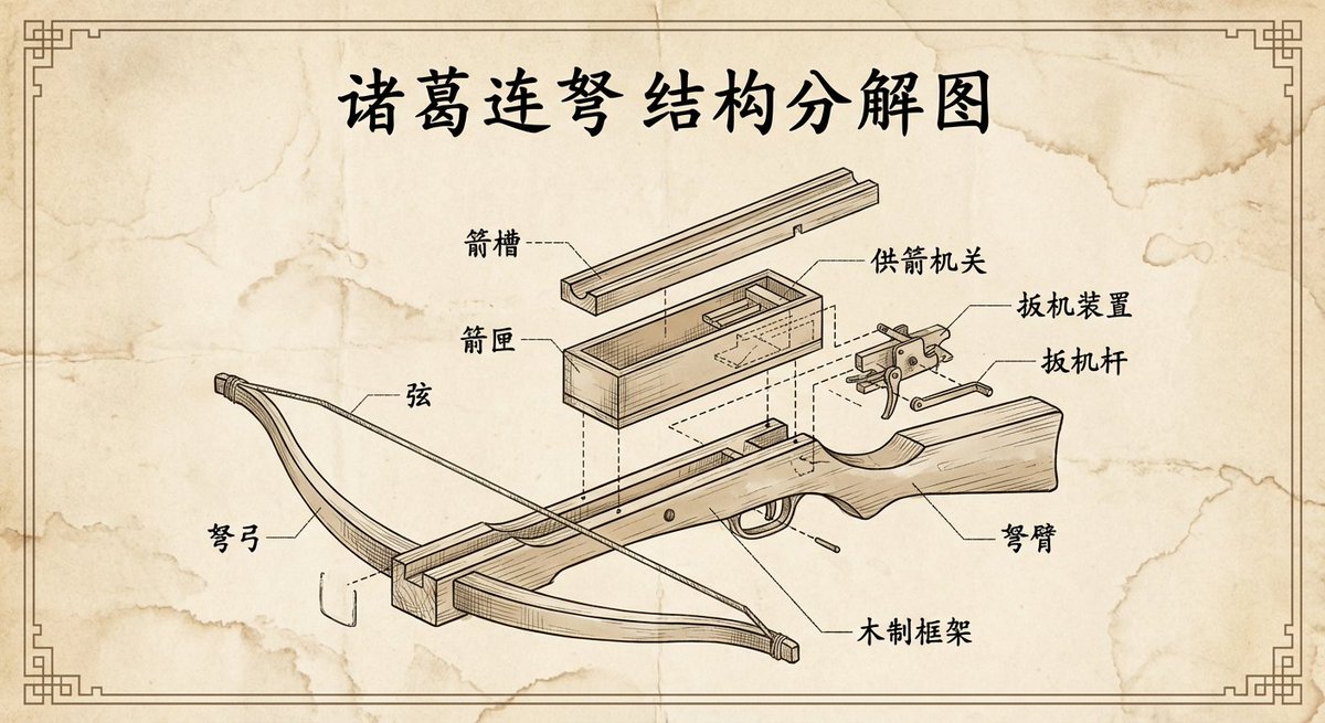 Vintage engineering exploded view of Zhuge repeating crossbow AI image template preview