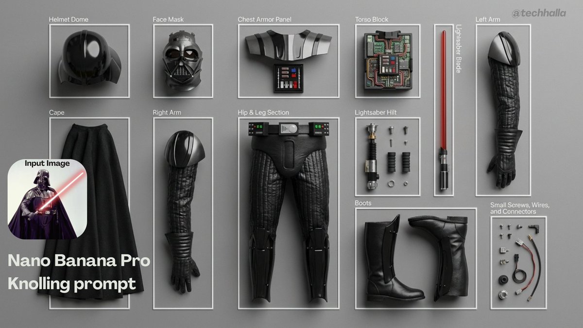 Knolling-style exploded flat-lay photo AI image template preview