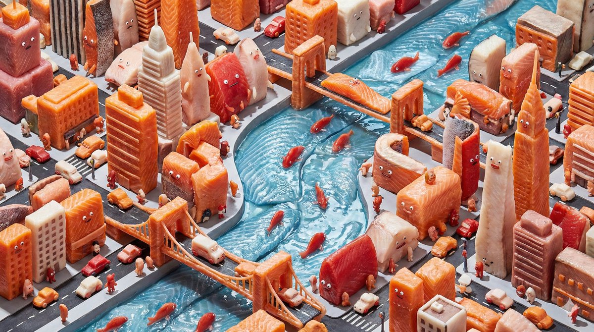 Surreal Hyperrealistic Salmon Fillet World Prompt AI image template preview