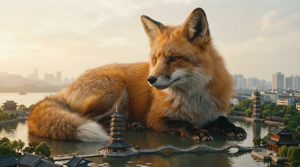 Giant Animal in City Scene Prompt (Fox + West Lake) AI image template preview