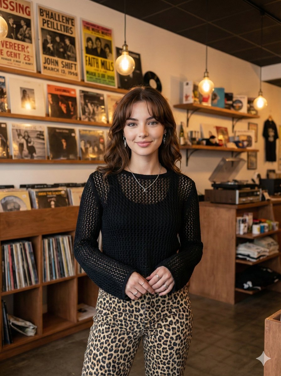 Modern Candid Portrait in a Record Store AI image template preview