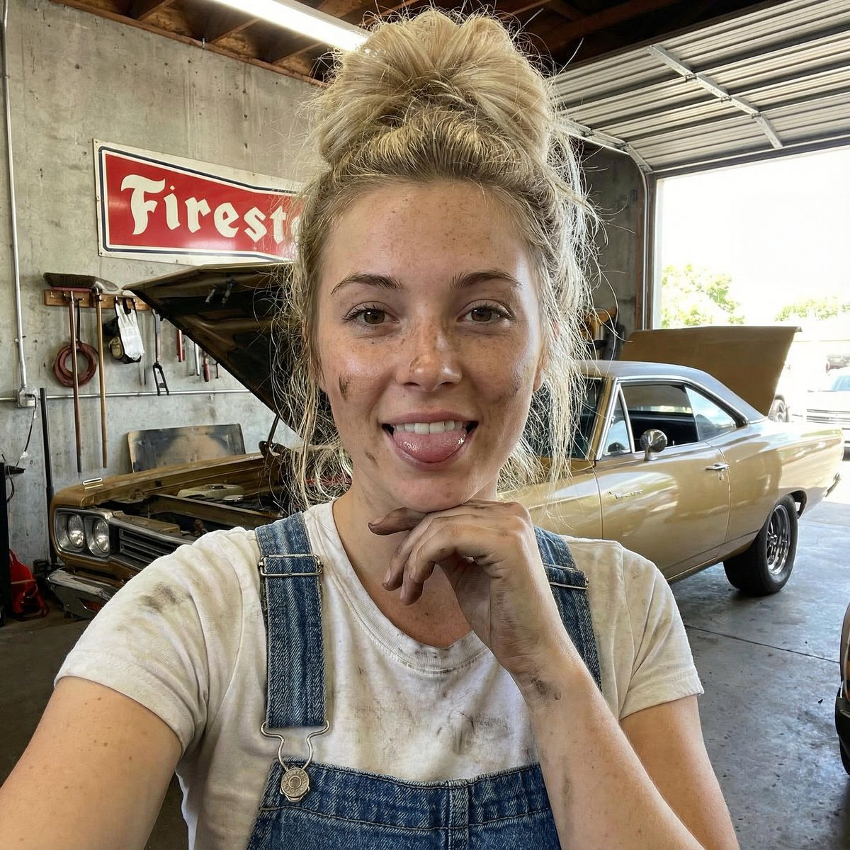 Mechanic Garage Selfie with iPhone 17 Pro Max Specs (JSON) AI image template preview