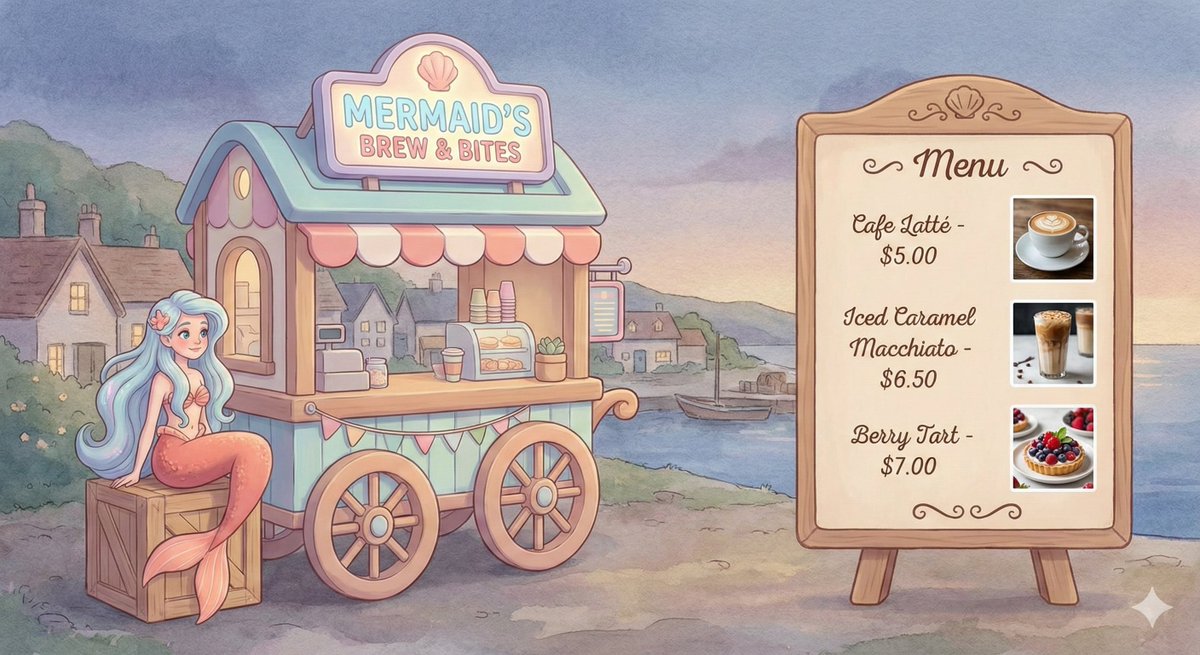Dreamy Mermaid Café Illustration with Menu Display AI image template preview