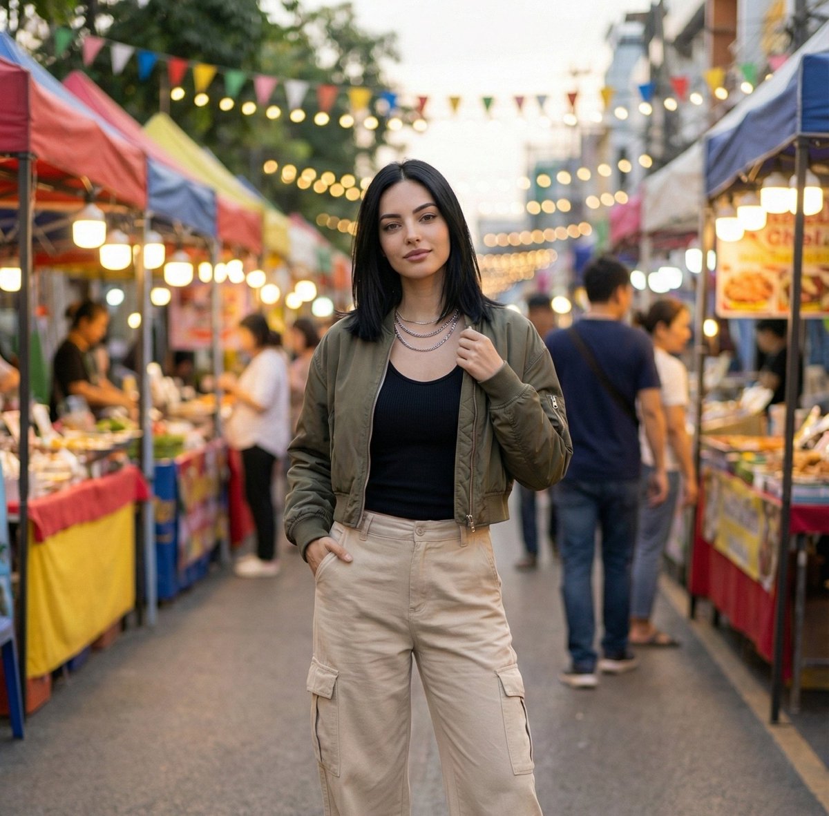 Street Market Portrait with Urban Bokeh AI image template preview