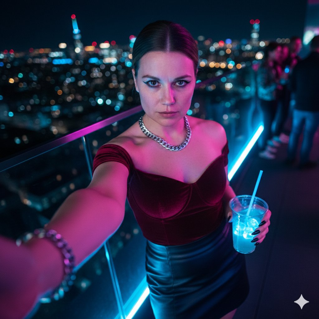 Cyberpunk Rooftop Selfie with Cold Stare AI image template preview