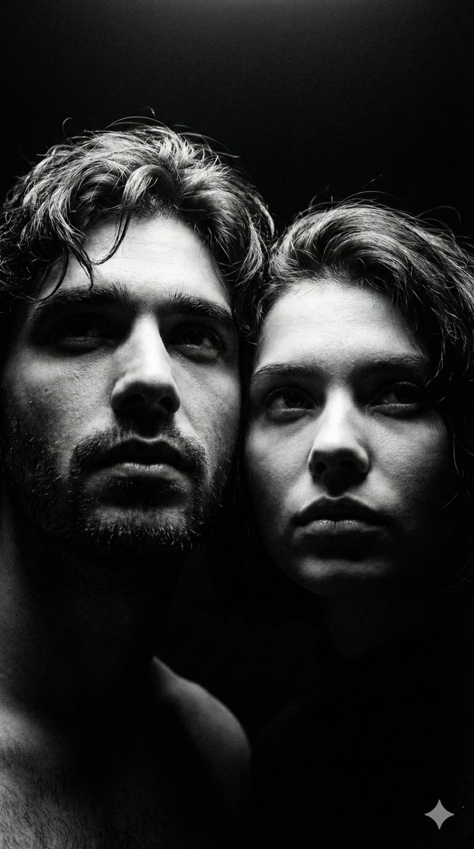 Dramatic Black and White Dual Portrait AI image template preview