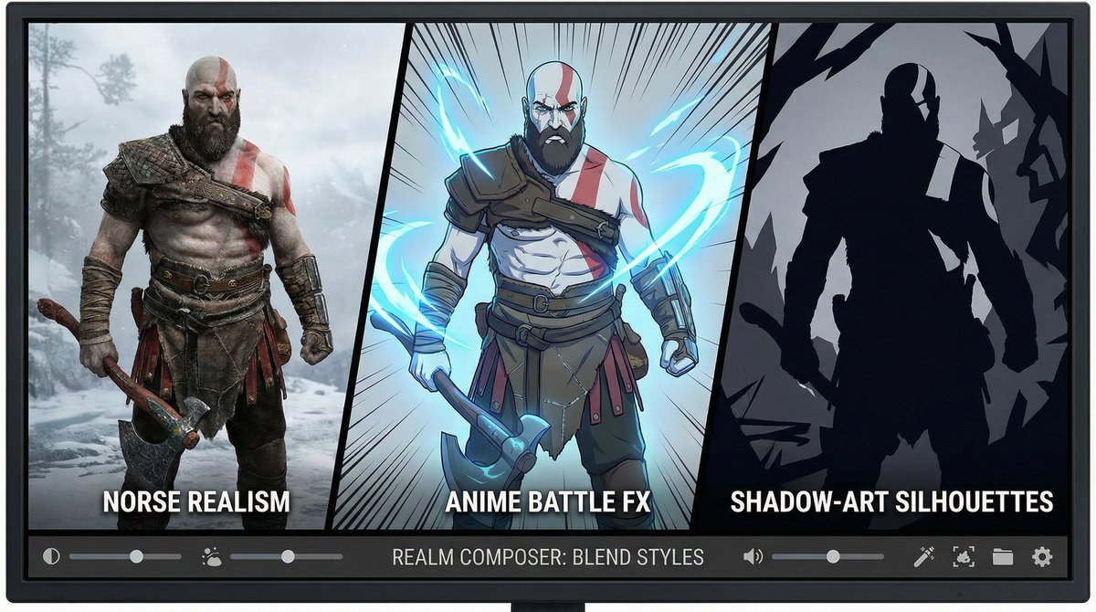 Kratos in Three Blended Styles AI image template preview