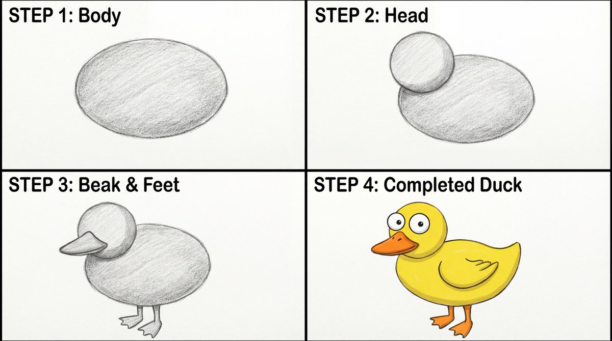 Four-Panel Guide for Drawing a Cartoon Duck AI image template preview