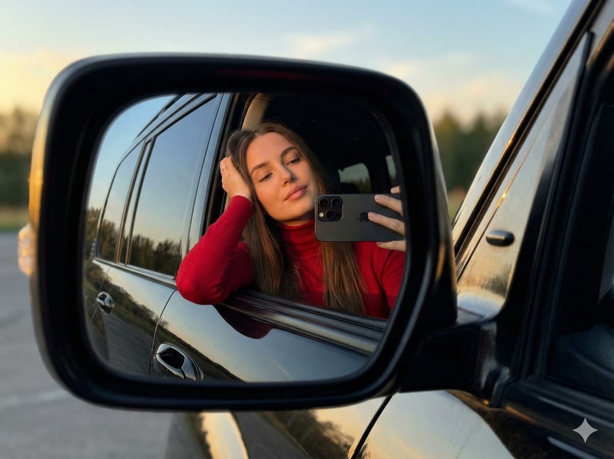 JSON selfie-in-car mirror prompt for Nano Banana Pro AI image template preview