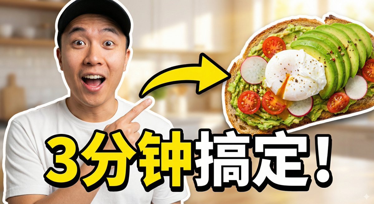 Viral Thumbnail: Excited pointing, avocado toast, “Done in 3 Minutes!” AI image template preview