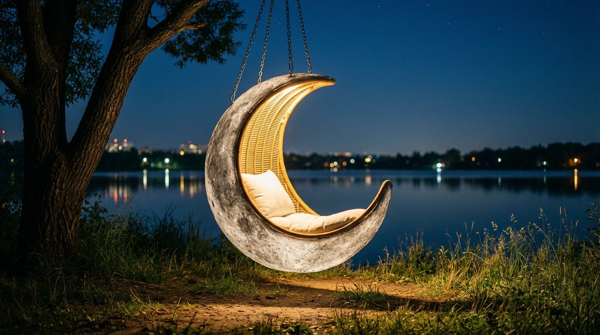 Cinematic lakeside hanging chair concept prompt with space object theme AI image template preview