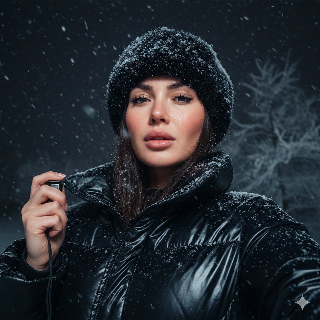 Detailed JSON Prompt for Cinematic Winter Selfie Portrait AI image template preview