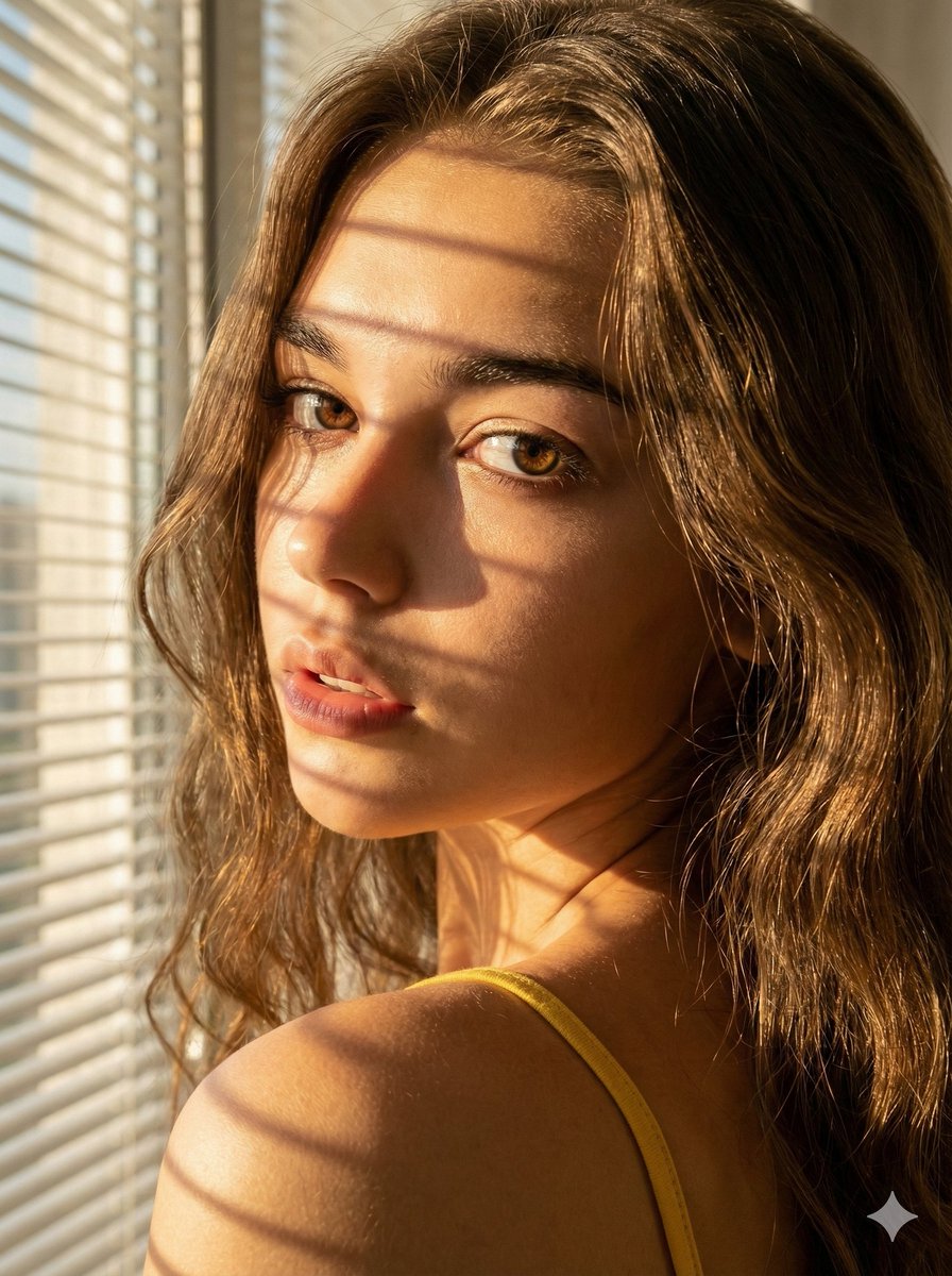 Close-up Portrait with Window Blind Shadows AI image template preview