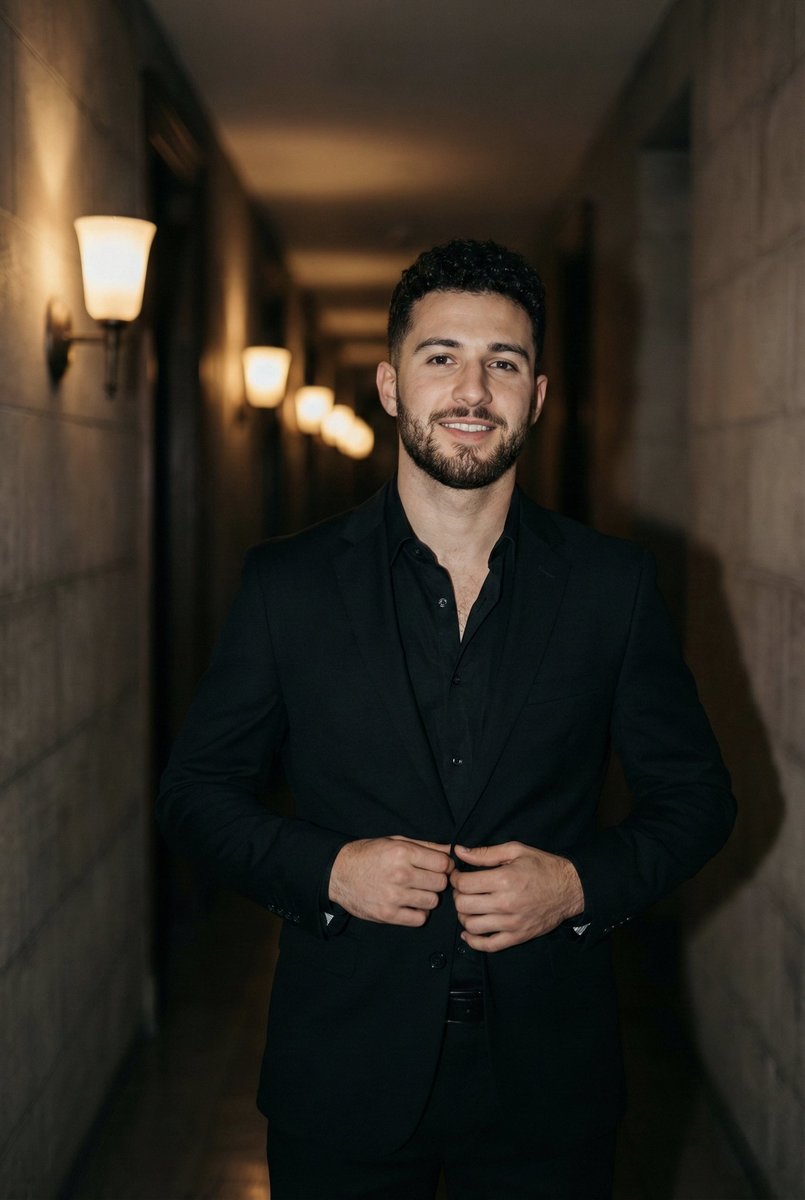 Cinematic Portrait of a Man in a Dimly Lit Hallway AI image template preview