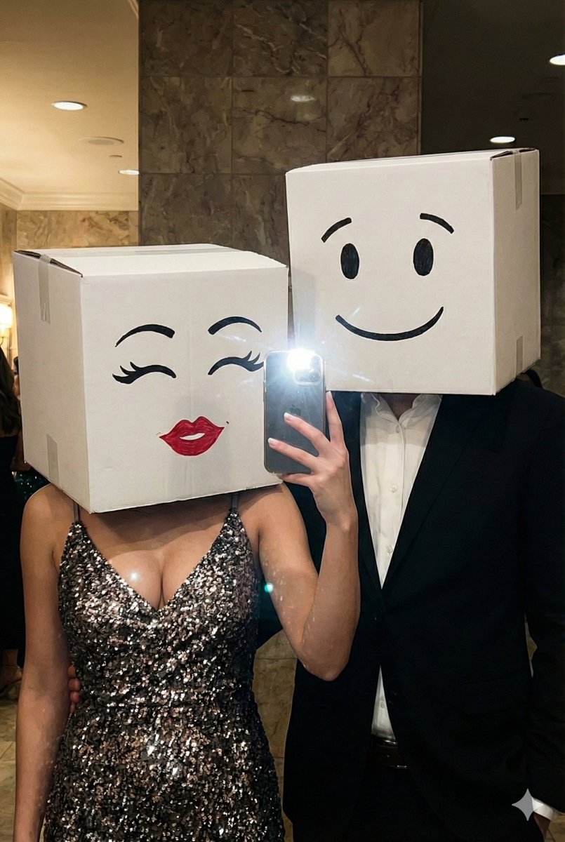 Box-Headed Couple Mirror Selfie Prompt AI image template preview