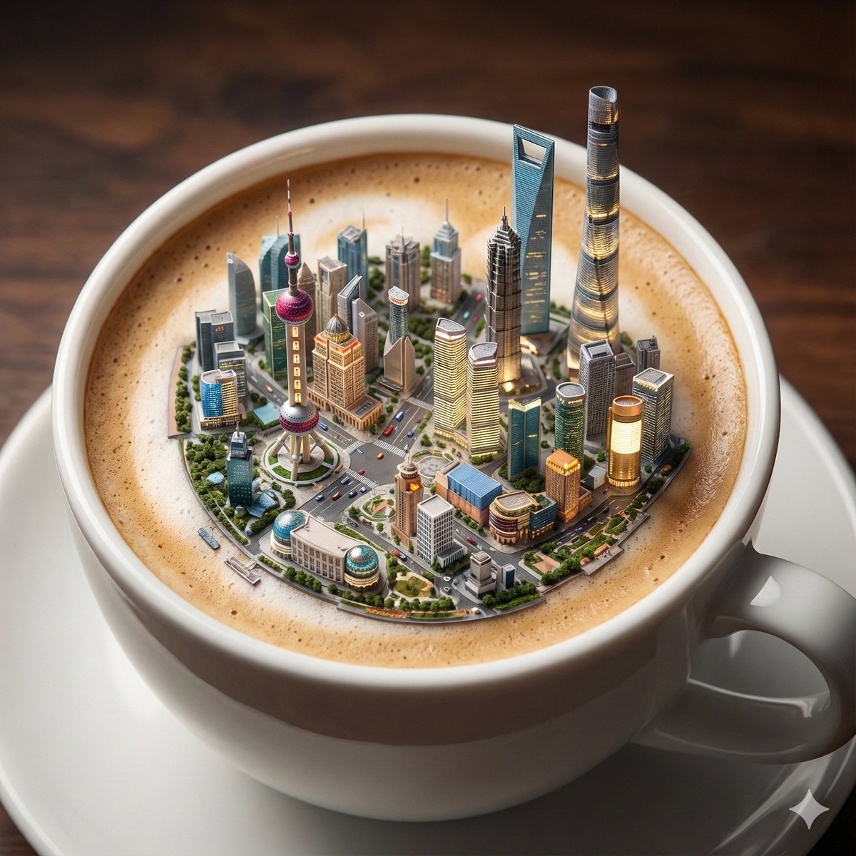 Micro City Floating on Coffee Foam AI image template preview