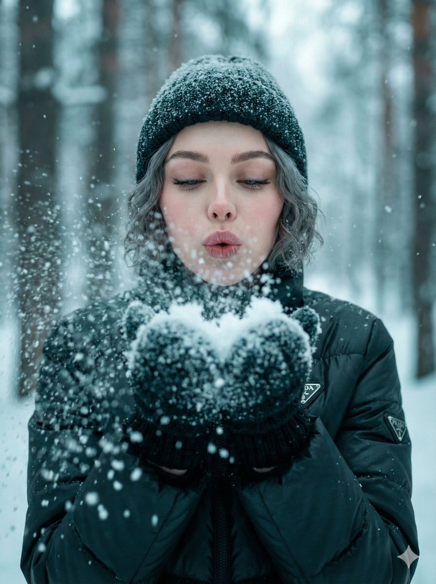 Ultra-Realistic Winter Snow Blowing Portrait Prompt AI image template preview