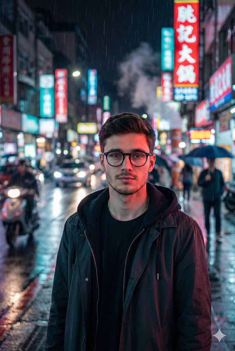 Photorealistic East-Asian Neon Night Portrait Prompt AI image template preview