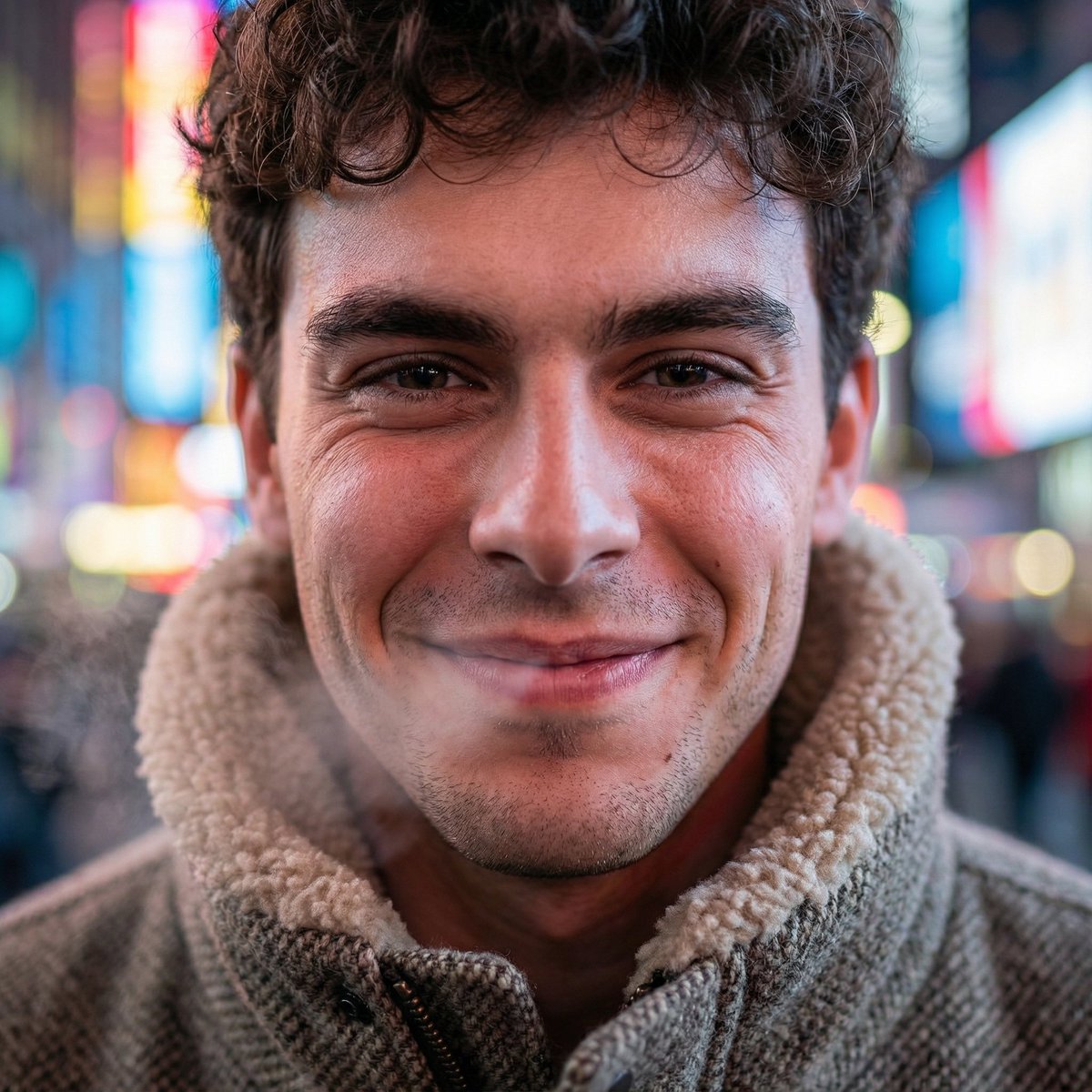 Hyper-Realistic Neon Times Square Portrait AI image template preview