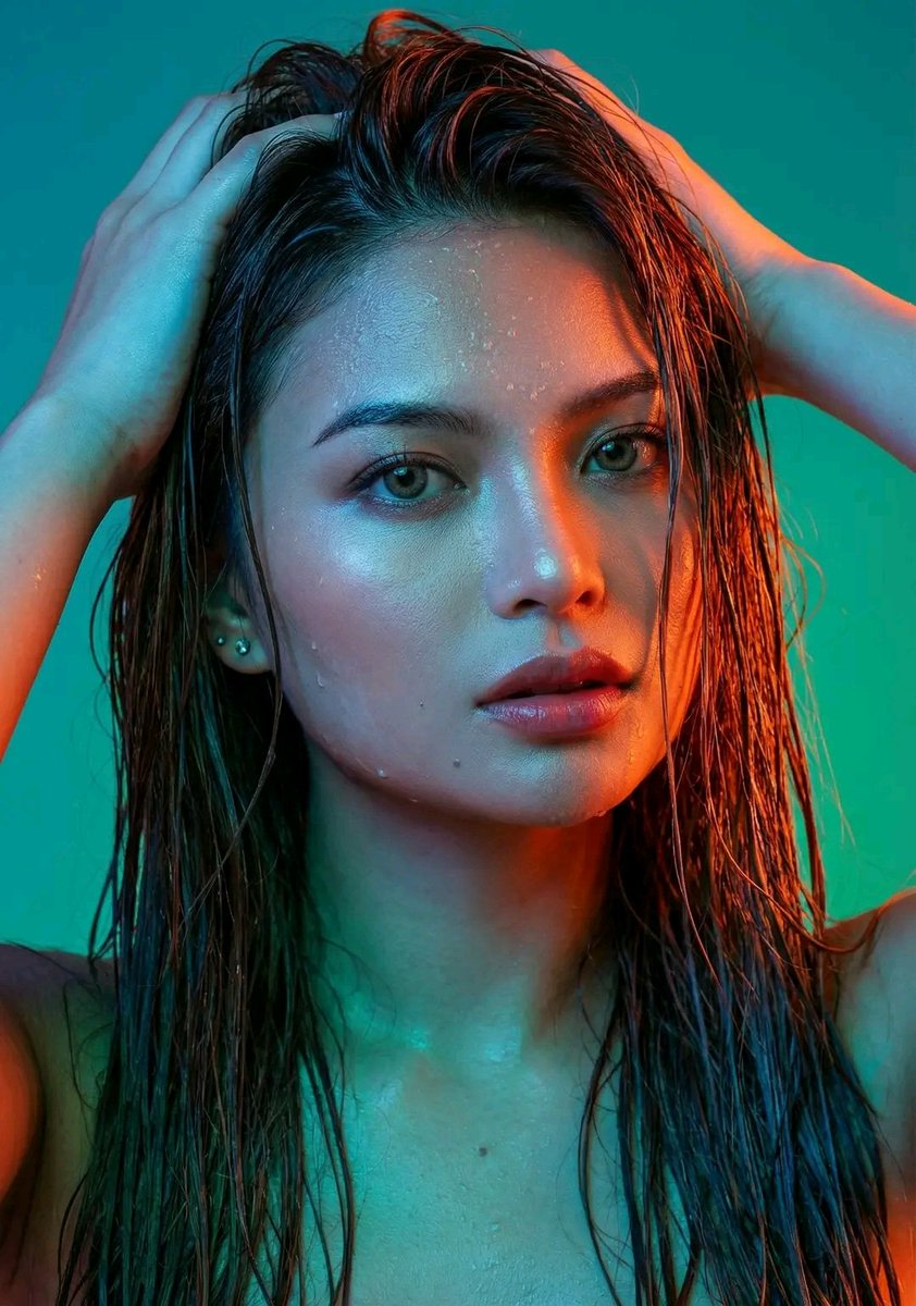 Dramatic Neon Portrait with Wet Hair and Color Contrast AI image template preview