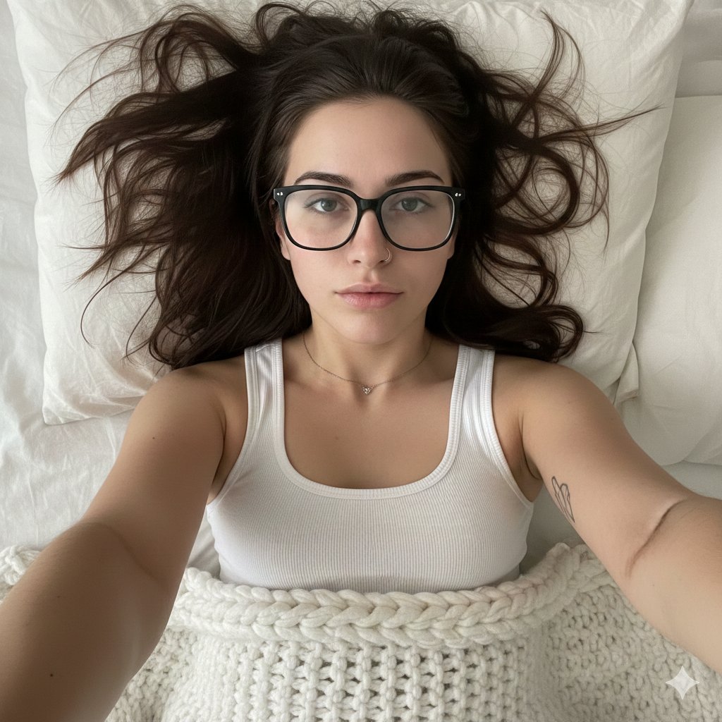 Cozy Bedroom Selfie Portrait with Glasses AI image template preview