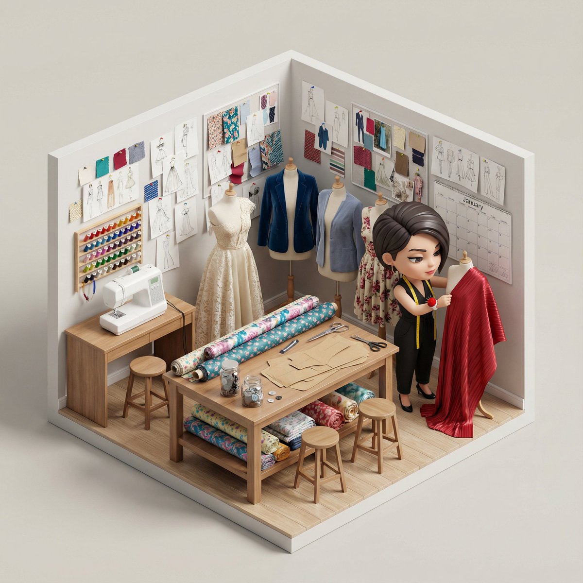 Isometric 3D Miniature Room with Chibi Character Prompt example 2