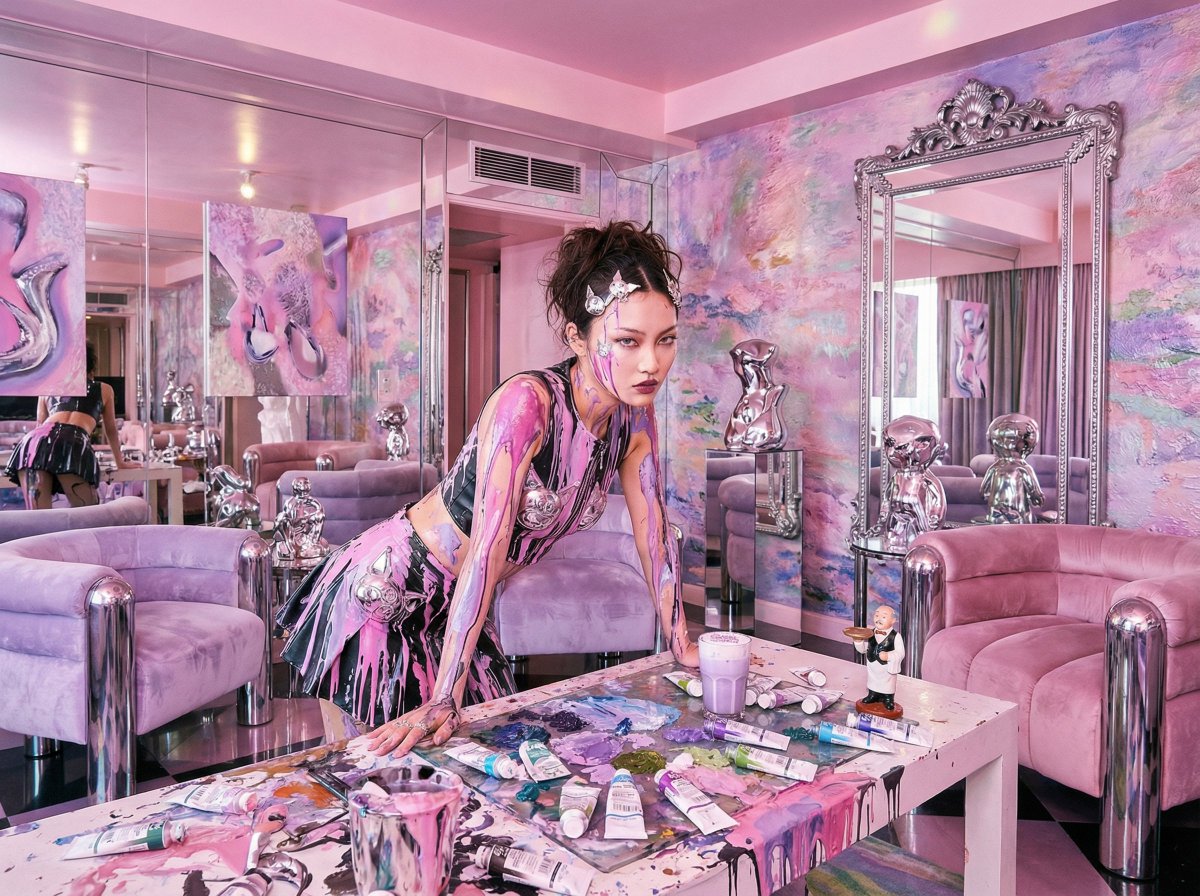 Psychedelic Y2K Maximalist Hotel Suite Prompt AI image template preview