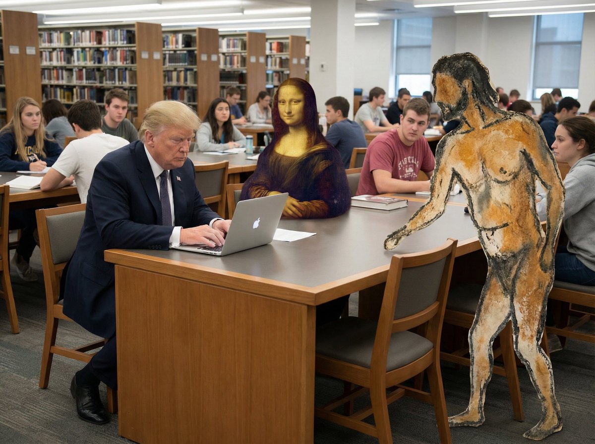 Surreal Library Scene with Trump, Mona Lisa, and Cave Art Hunter AI image template preview