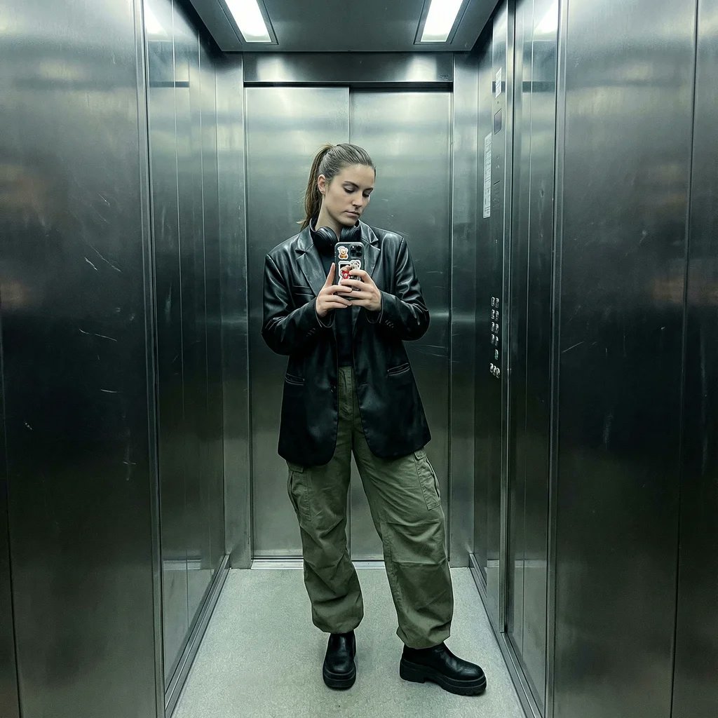 Structured Prompt for Smartphone Mirror Selfie in an Elevator AI image template preview