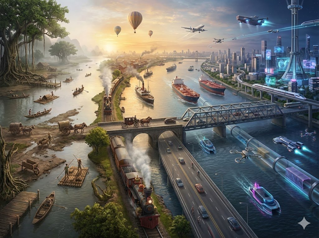 Hyper-realistic Transportation Evolution Panoramic Landscape Prompt AI image template preview