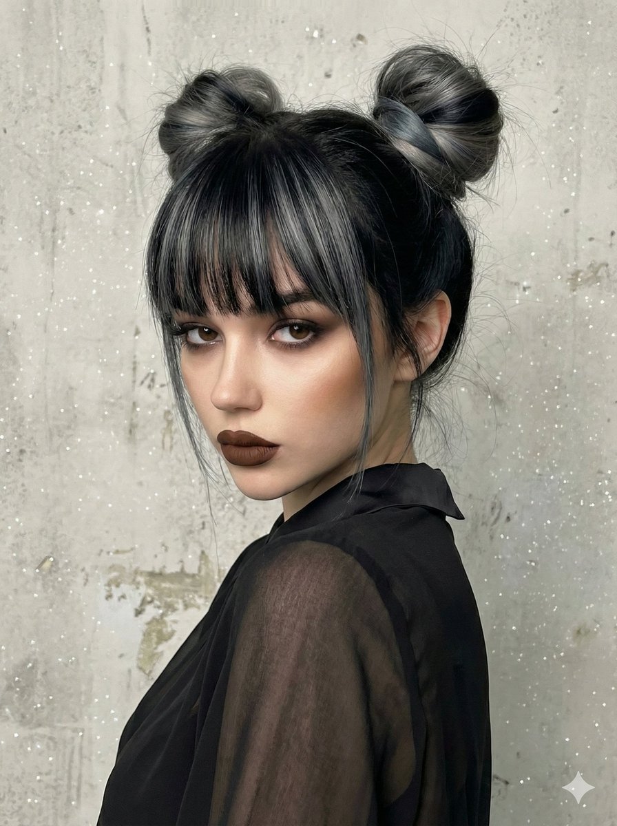 Studio Portrait with Space Buns and Glitter Overlay AI image template preview