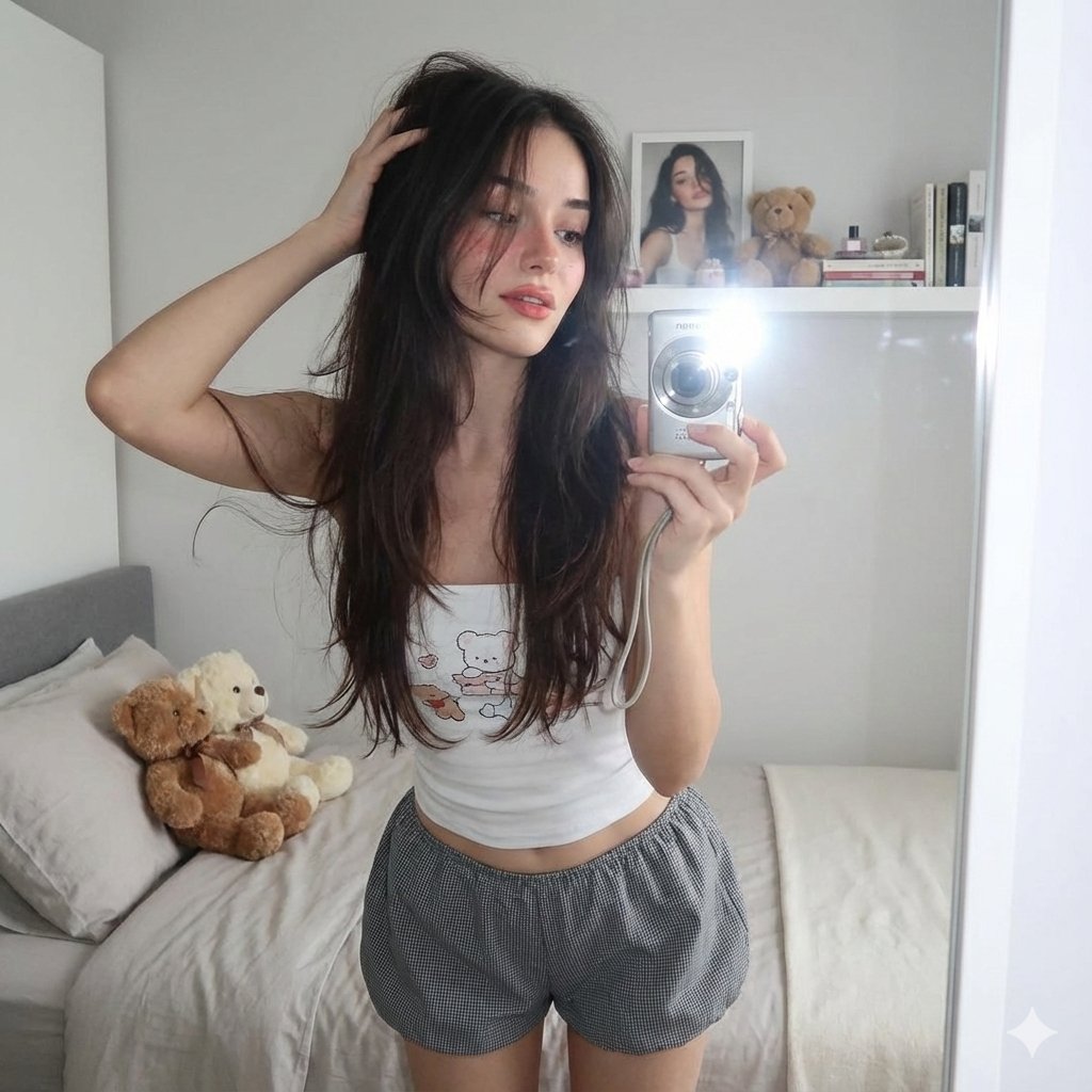 Early 2000s Digital Camera Selfie Mirror Shot Prompt AI image template preview