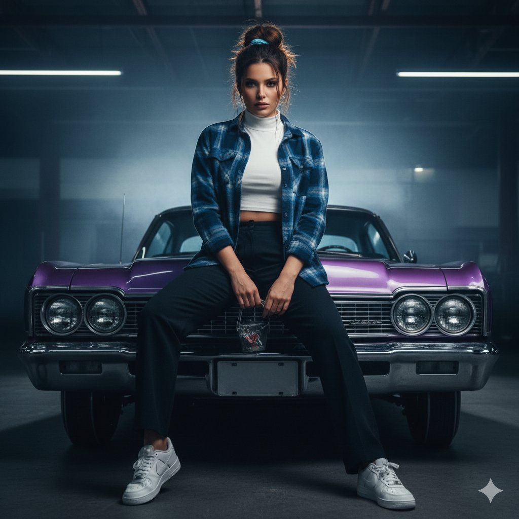 Cinematic Urban Rebel Portrait on Lowrider AI image template preview
