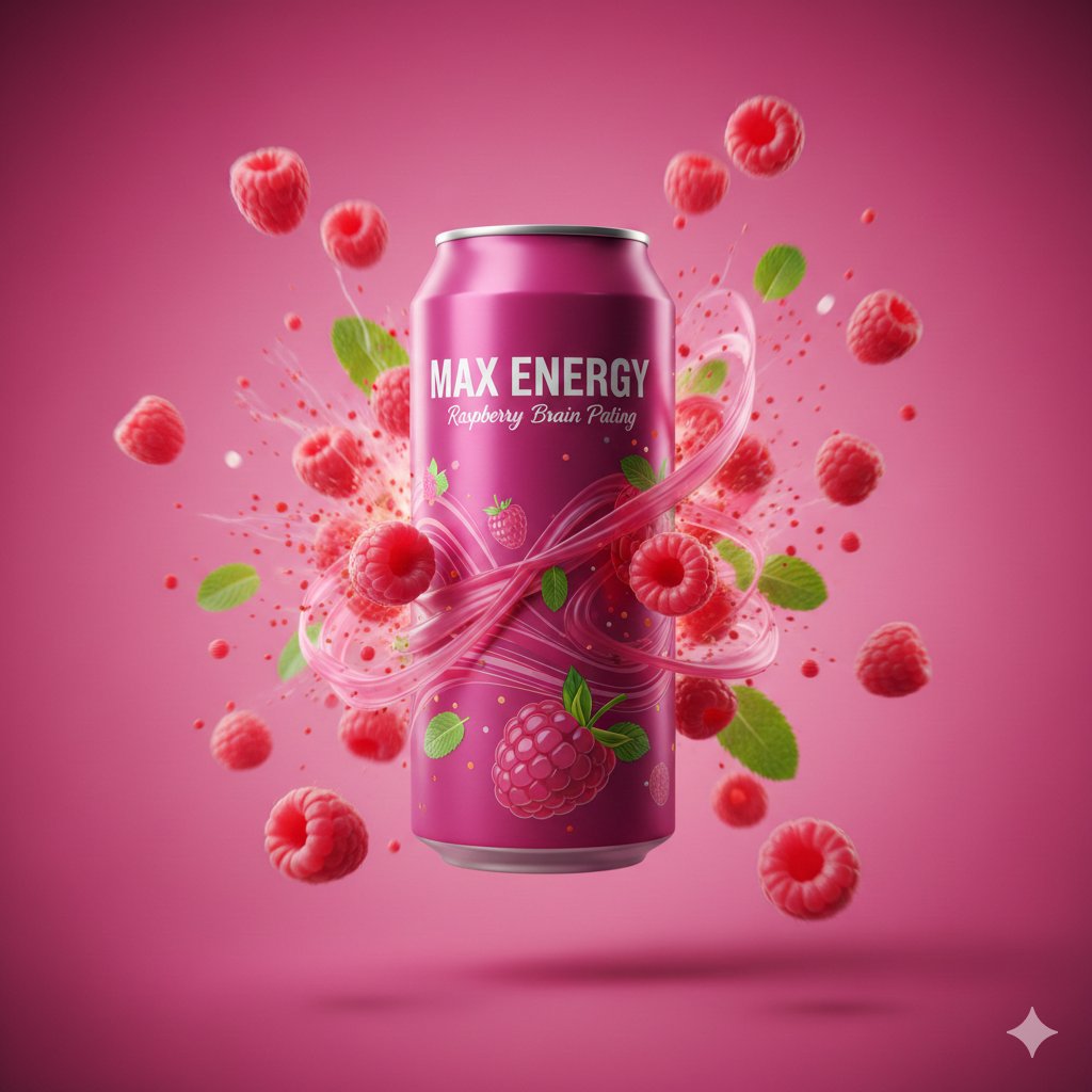 Cinematic Raspberry Energy Drink Ad Shot Prompt AI image template preview