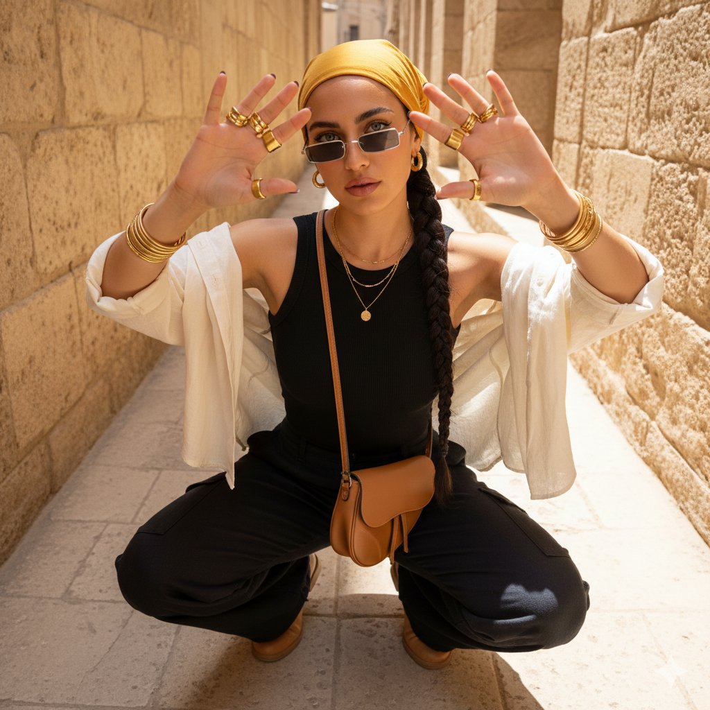 Desert-Chic Fashion in a Stone Alleyway AI image template preview