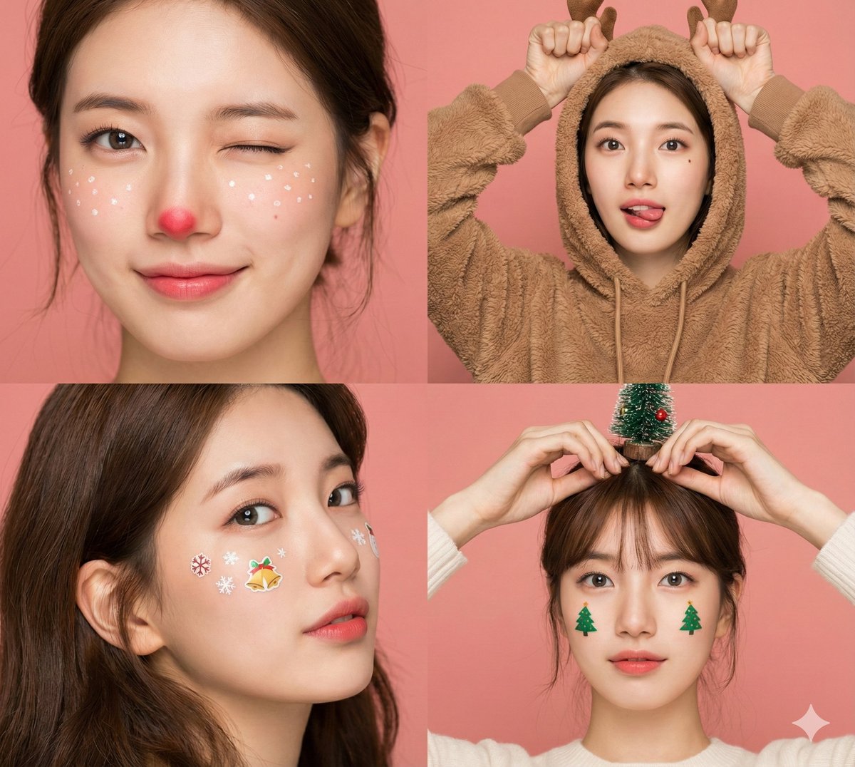 4-Panel Christmas Beauty Blogger Portrait in Peach Background AI image template preview