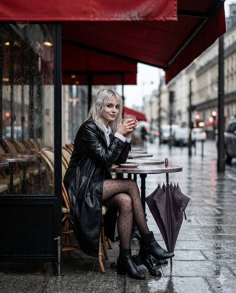 Moody Parisian Cafe Street Photography Prompt AI image template preview